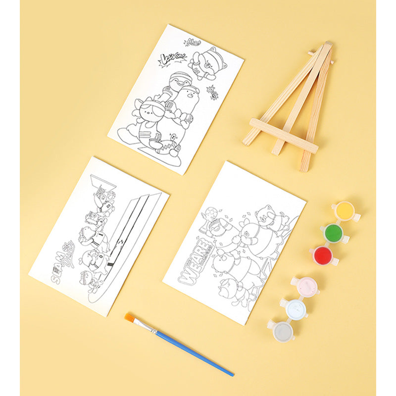 Tela con supporto in legno, con disegno della Mini Family Champion che gioca a Busket da colorare con i colori acrilici e comrpende 1 pennello e 6 colori.