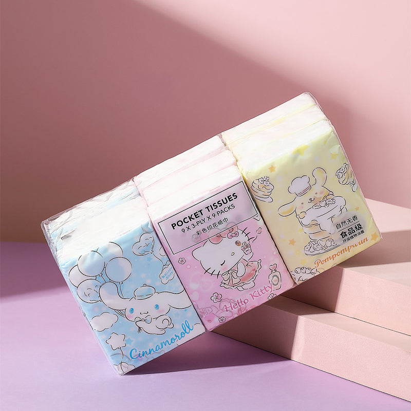 Kit da 9 pacchetti di fazzolettini per il viso Cinnamoroll Hello Kitty Pompompurin Sanrio