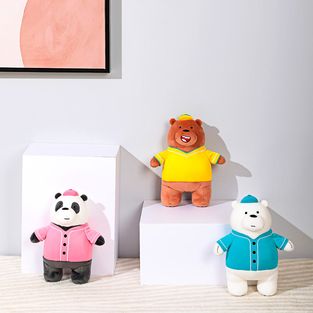 Peluche panda e orso bianco we bare bears con felpa e cappllino rosa e azzurro