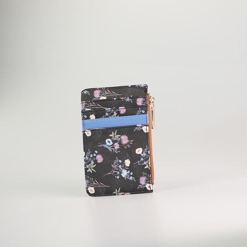 Portacarte nero con fantasia floreale per carte e contanti