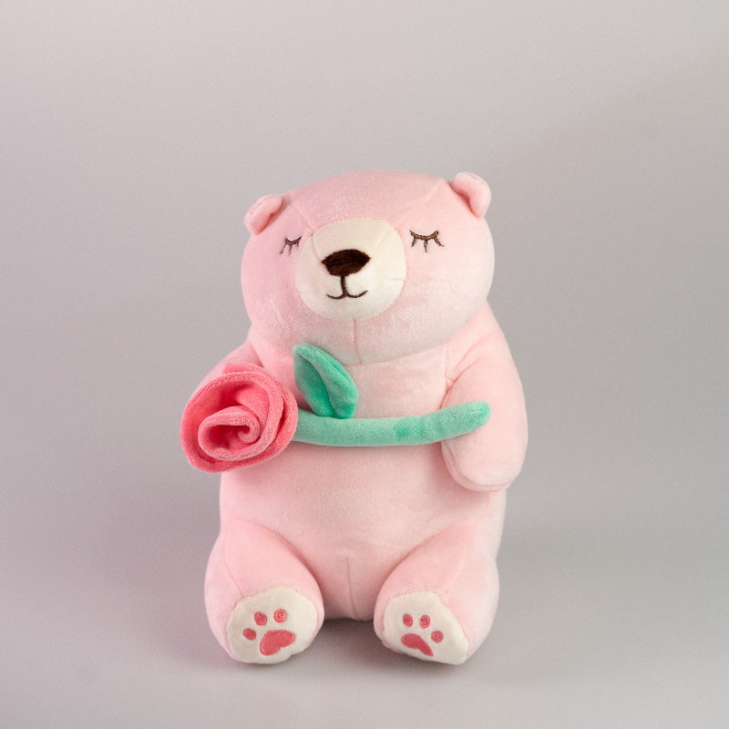 Peluche orsetto rosa con fiore Rosa in mano San Valentino