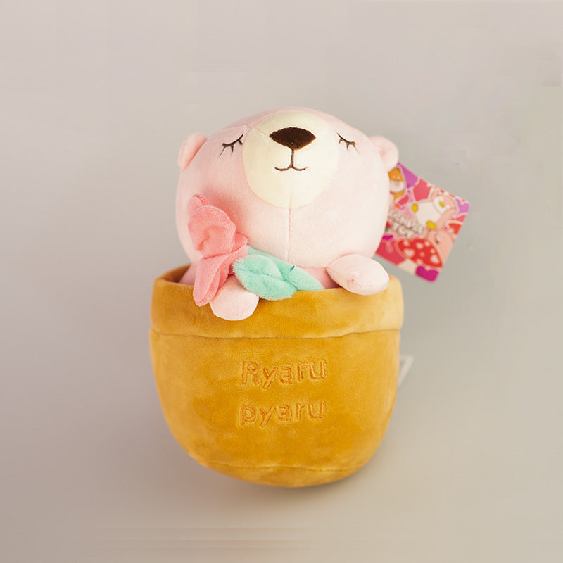 Morbido peluche mini family rosa dentro un vaso di fiori collezione San Valentino