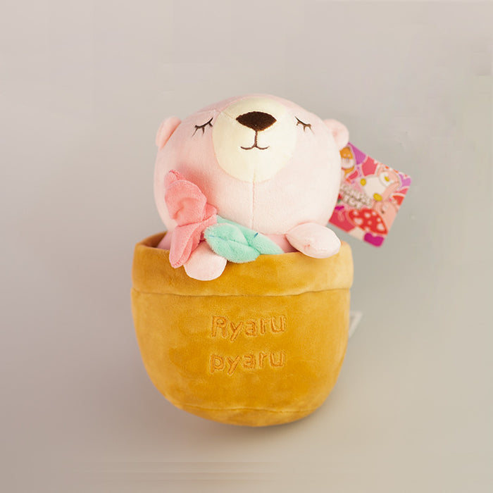 Morbido peluche mini family rosa dentro un vaso di fiori collezione San Valentino
